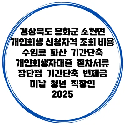 경상북도 봉화군 소천면 개인회생 신청자격 조회 비용 수임료 | 파산 | 기간단축 | 개인회생자대출 | 절차서류 | 장단점 | 기간단축 | 변제금 미납 | 청년 | 직장인 2025