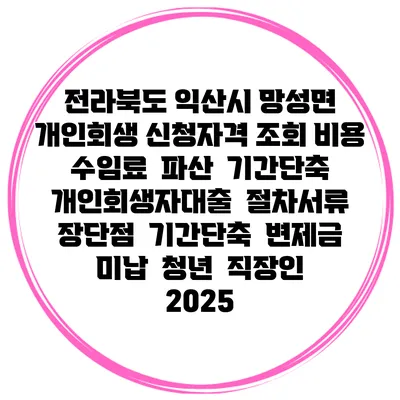 전라북도 익산시 망성면 개인회생 신청자격 조회 비용 수임료 | 파산 | 기간단축 | 개인회생자대출 | 절차서류 | 장단점 | 기간단축 | 변제금 미납 | 청년 | 직장인 2025